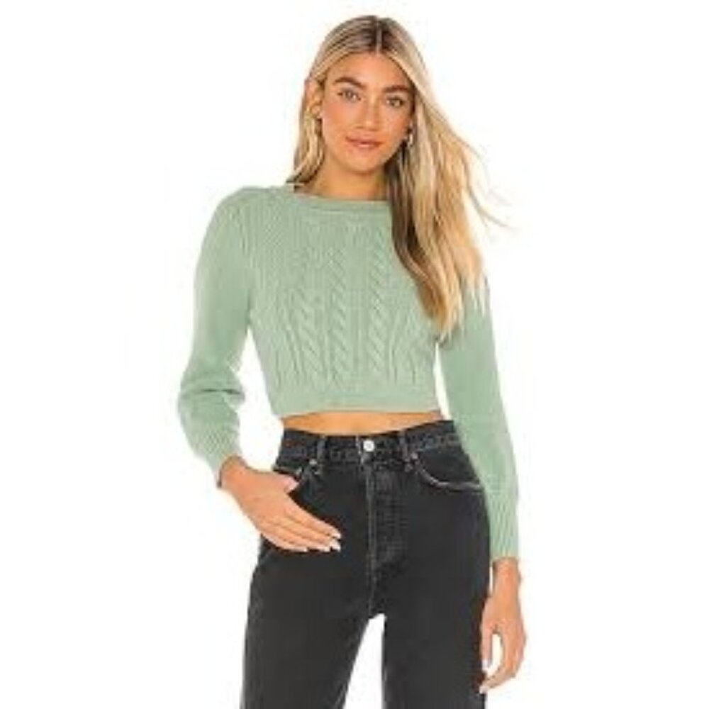 For Love & Lemons Sydney Comfy French Women's Green Cable Knit Crop Sweater 2XL